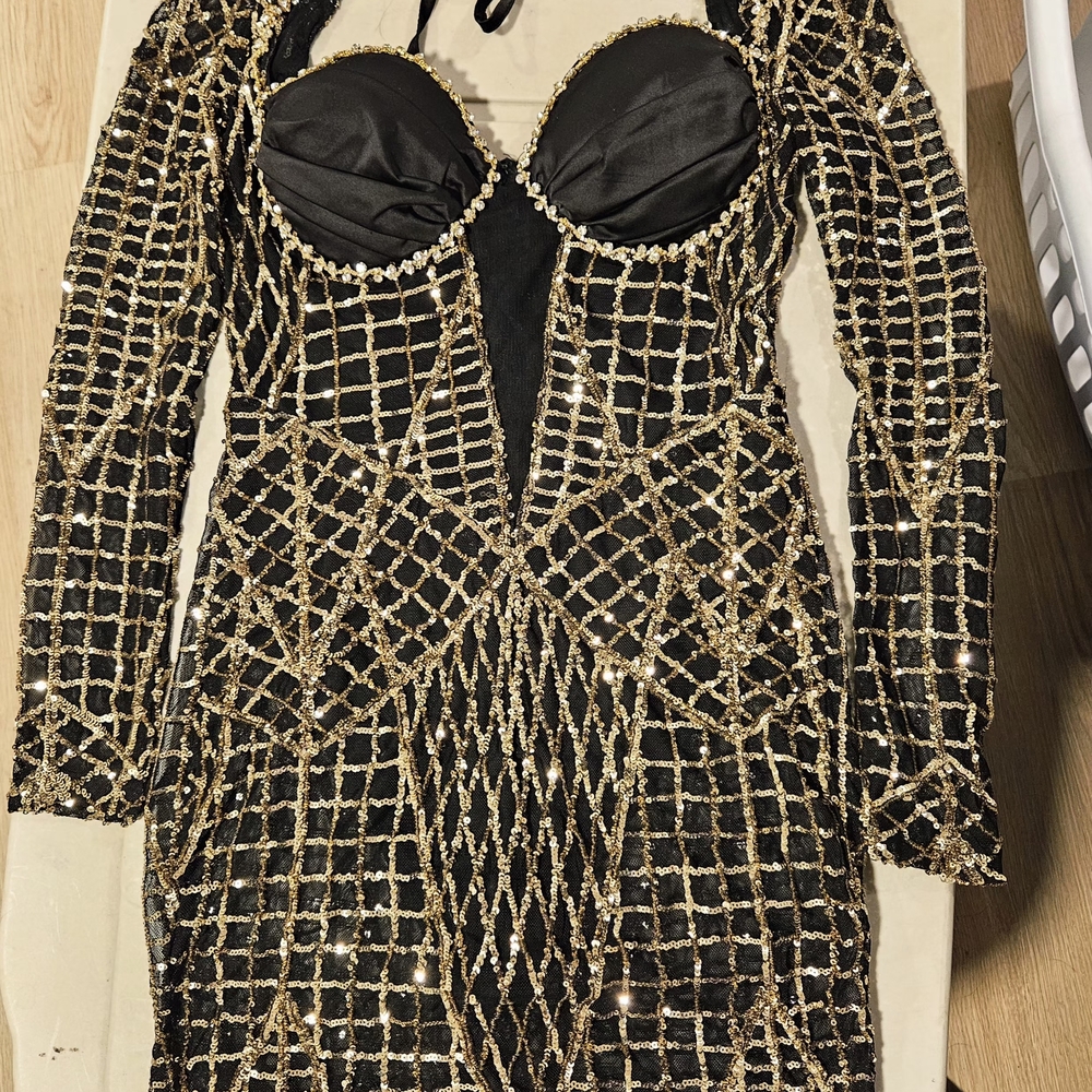 Fashion Nova Black and Gold Long Sleeve Dress